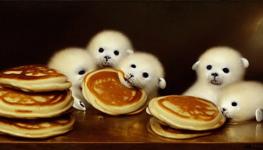 Image similar to highly detailed painting of cute furry white baby seals in a pile of jam pancakes on a table by william turner, by greg rutkowski, by william constable, thick brush strokes and visible paint layers, 4 k resolution