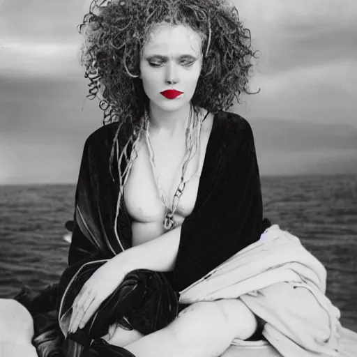 Image similar to a woman curled up in a ball on the deck of a ship, a beautiful english woman with a long face narrow nose pale skin blue eyes red lips and wild messy tangles of curly white blonde hair, high resolution film still wearing a black robe and skull necklace and holding a spear, sandy, a journey to the west