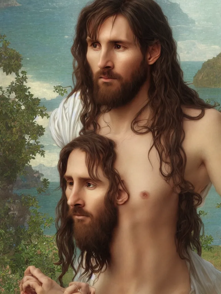 Image similar to portrait lionel messi as jesus, full length shot, shining, 8 k highly detailed, sharp focus, illustration, art by artgerm, mucha, bouguereau