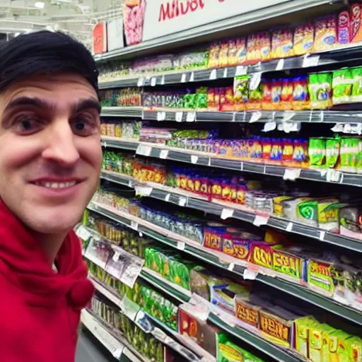 Prompt: selfi stick photography of an annoying youtuber visiting a hard discount supermarket, highly detailed, photorealistic