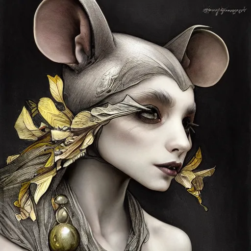 Image similar to a photograpic portrait of a anthropomorphic mouse wearing black clothes, black hair, grey skin, grey mouse ears, fantasy, intricate, elegant, highly detailed, digital painting, artstation, smooth, sharp focus, illustration, art by artgerm and H R Giger and alphonse mucha