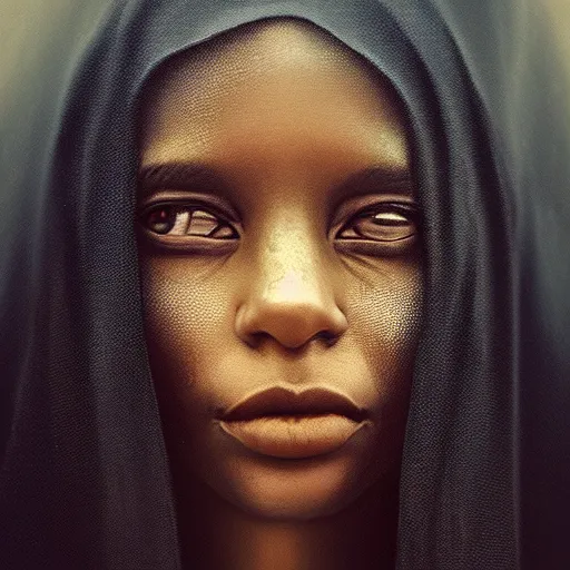 Prompt: a portrait of a young black woman wearing a long dark cloak, hood and shadows covering face, anatomically correct, beautiful perfect face, enigmatic, oil painting, matte painting, black background, Volumetric Golden dappled dynamic lighting, Highly Detailed, Cinematic Lighting, Unreal Engine, 8k, HD, by Beksinski