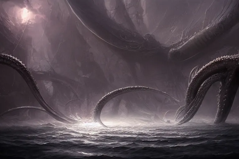 Image similar to primordial waters, chaos, kraken, madness, formless shifting, the world without form and void, darkness shone on the face of the deep, amazing concept painting by Jessica Rossier and HR Giger