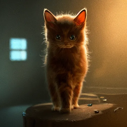 Image similar to a wonky kitten, strange color , dramatic lighting, cinematic, establishing shot, extremely high detail, foto realistic, cinematic lighting, post processed, concept art, high details, cinematic, 8k resolution, beautiful detailed, photorealistic, digital painting, artstation, concept art, smooth, sharp focus, artstation trending, octane render, unreal engine