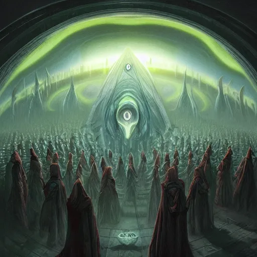 Image similar to a quantum computer surrounded by a dark cabal of multiple hooded elven mystics in long dark robes gathered in a circular formation, dan seagrave art, michael whelan, artstation, cgsociety, epic scifi fantasy art