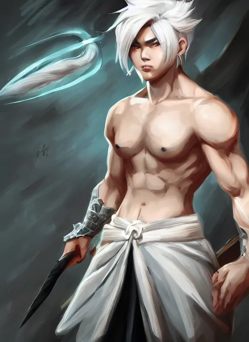 Image similar to a highly detailed illustration of fierce short white haired parted through the middle young attractive asian man, wearing hakama, with black sclera eyes, heroically battle posing, muscular, intricate, elegant, highly detailed, centered, digital painting, artstation, concept art, smooth, sharp focus, league of legends concept art, WLOP