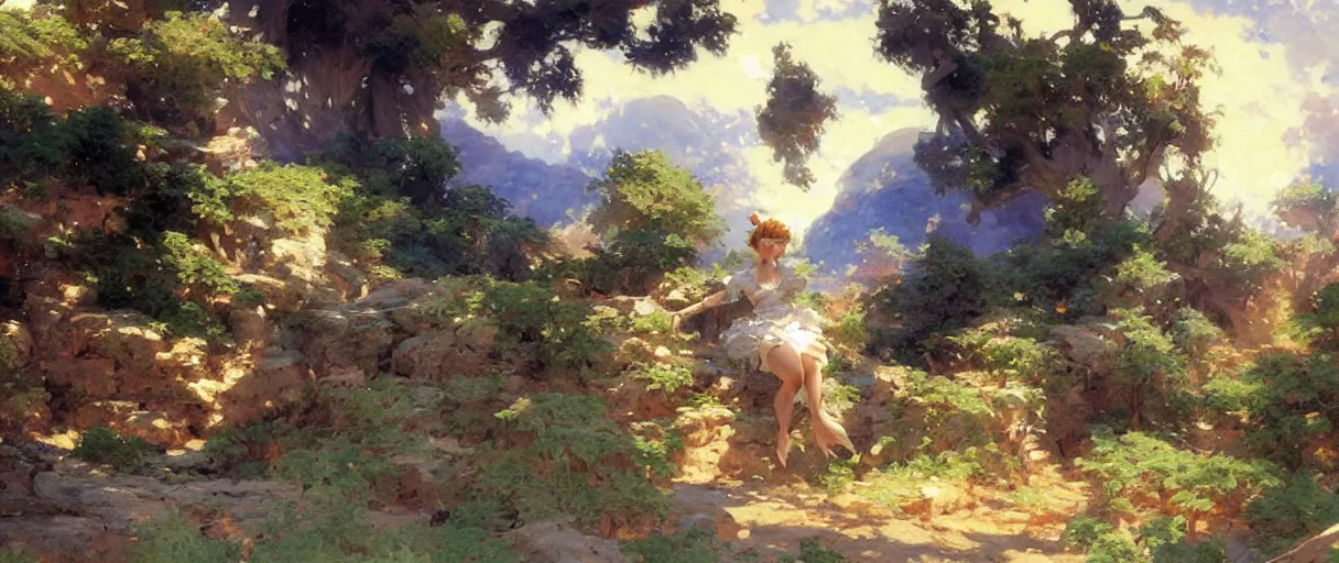 Image similar to cute anime landscape painting by gaston bussiere, craig mullins, j. c. leyendecker