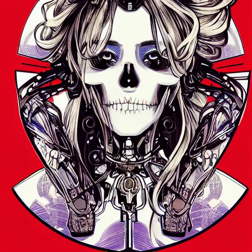 Image similar to anime manga skull portrait young woman hair cyborg robo mecha skeleton illustration style by Alphonse Mucha warhol pop art nouveau