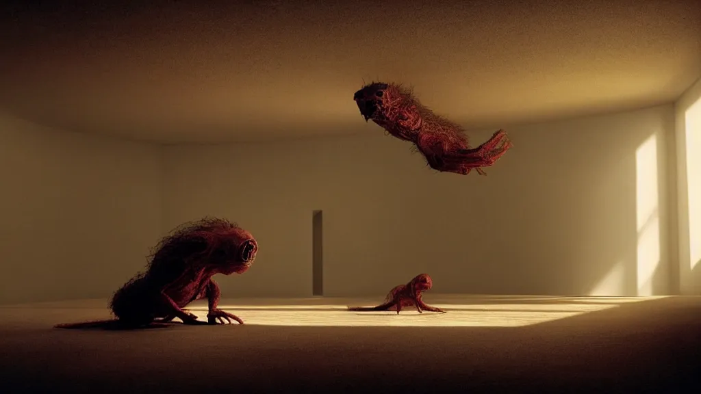 Image similar to a strange creature crawls on the living room ceiling, film still from the movie directed by Denis Villeneuve with art direction by Zdzisław Beksiński, wide lens