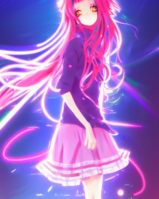 Image similar to anime style, vivid, expressive, full body, 4 k, painting, a cute magical girl idol with a long wavy hair wearing a dress, correct proportions, stunning, realistic light and shadow effects, neon lights, studio ghibly makoto shinkai yuji yamaguchi