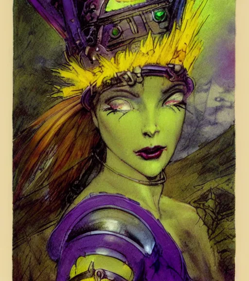 Image similar to evil princess of the wasteland, scrap metal headdress, strong line, vivid neon color, yellow purple, cloudy sky, beautiful! coherent! by brian froud, by frank frazetta, low angle