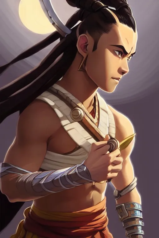 Image similar to Sokka from avatar the last airbender, fantasy, intricate, elegant, highly detailed, digital painting, artstation, concept art, matte, sharp focus, illustration, art by Artgerm and Greg Rutkowski and Alphonse Mucha