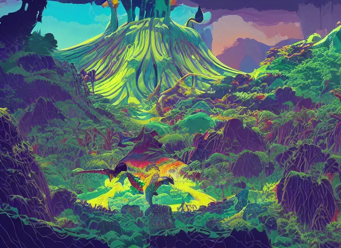 Image similar to psychedelic art of dinosaurs and volcanoes, jungle landscape, detailed, cel shaded, by makoto shinkai and moebius and anton fadeev and james gurney