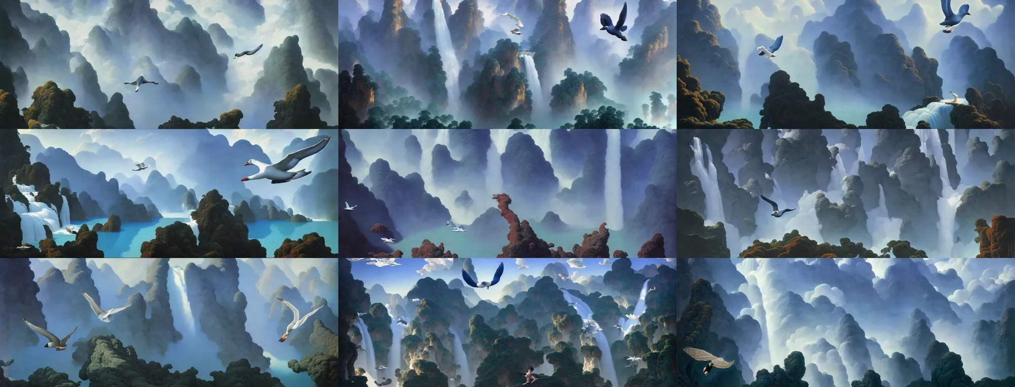 Prompt: flying wild goose arraya through the clouds. gorgeous aerial view painting by barlowe wayne maxfield parrish and marco mazzoni. sapa in china. grey blue. ultra clear detailed. 3 d, octane render. waterfall. turbulent blood lake. 8 k