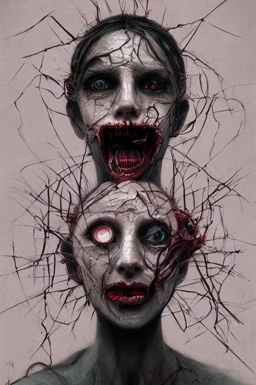 Image similar to cartoon grunge portrait of a creepy horror nurse girl . intricate abstract. intricate artwork. nightmare fuel. terrifying. by Tzdzisław Beksiński, wlop, dan mumford , trending on artstation, greg rutkowski very coherent symmetrical artwork. cinematic, hyper realism, high detail, octane render, 8k