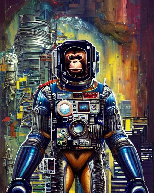 Image similar to a portrait of a muscular anthropomorphic cyberpunk howler chimp in spacesuit armor by sandra chevrier, by jon foster, detailed render, extremely hyperdetailed, tape deck, epic composition, cybernetics, 4 k realistic, cryengine, realistic shaded lighting, sharp focus, masterpiece, by enki bilal