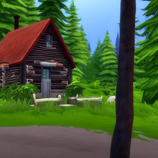 Image similar to a Eerie cabin in the middle of the woods in Sims 4, gameplay footage