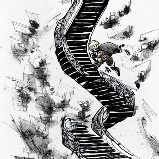 Image similar to a wizard running down a flight of stairs and dropping a bunch of books by Kim Jung gi