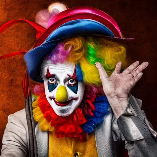 Image similar to a man on a horse wearing a clown suit. photorealistic 4k
