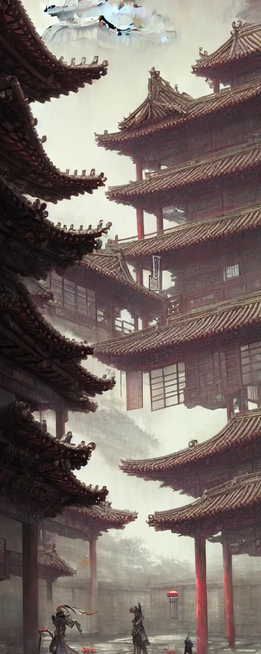 ancient chinese courtyard + steampunk architecture on | Stable ...