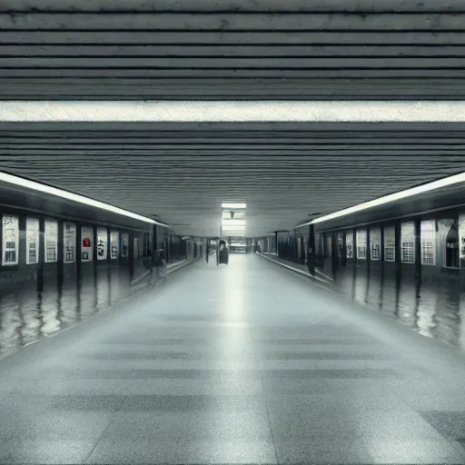 Image similar to photo of a subway station, the floor is flooded with one meter deep water. eerie, volumetric lighting. highly - detailed 4 k