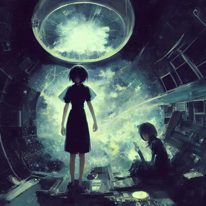 Image similar to Close up Iwakura Lain, epcot, inside a space station, eye of providence, albedo from overlord, Rei Ayanami, Tomas Sanchez, evening formal robes, digital illustration, Howl's Moving Castle, tranquil divine observer Nymph by ismail inceoglu nicola samori dragan bibin hans thoma greg rutkowski Alexandros Pyromallis Nekro Rene Margitte illustrated, official anime key media, hellscape, mind character, Environmental occlusion theme Jia, a William mans character, Artstation station female hyperdetailed with , rei ayanami