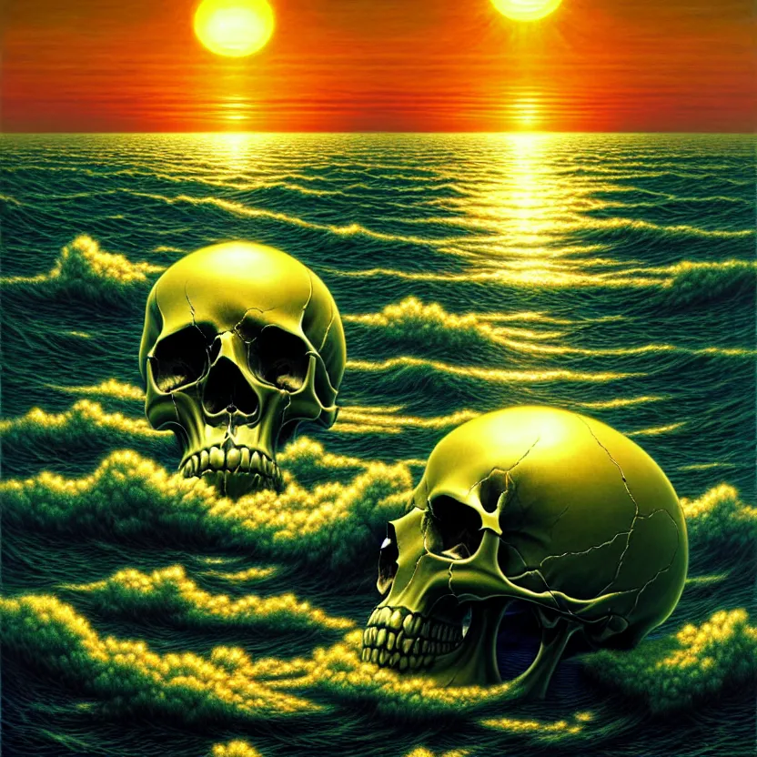 Prompt: a skull that is the sun rising just above the horizona over the sea by dan mumford and vladimir kush and donato giancola and ted withers and peter driben and brom and roberto ferri, green water, highly detailed, high contrast, intricate details, blended palette