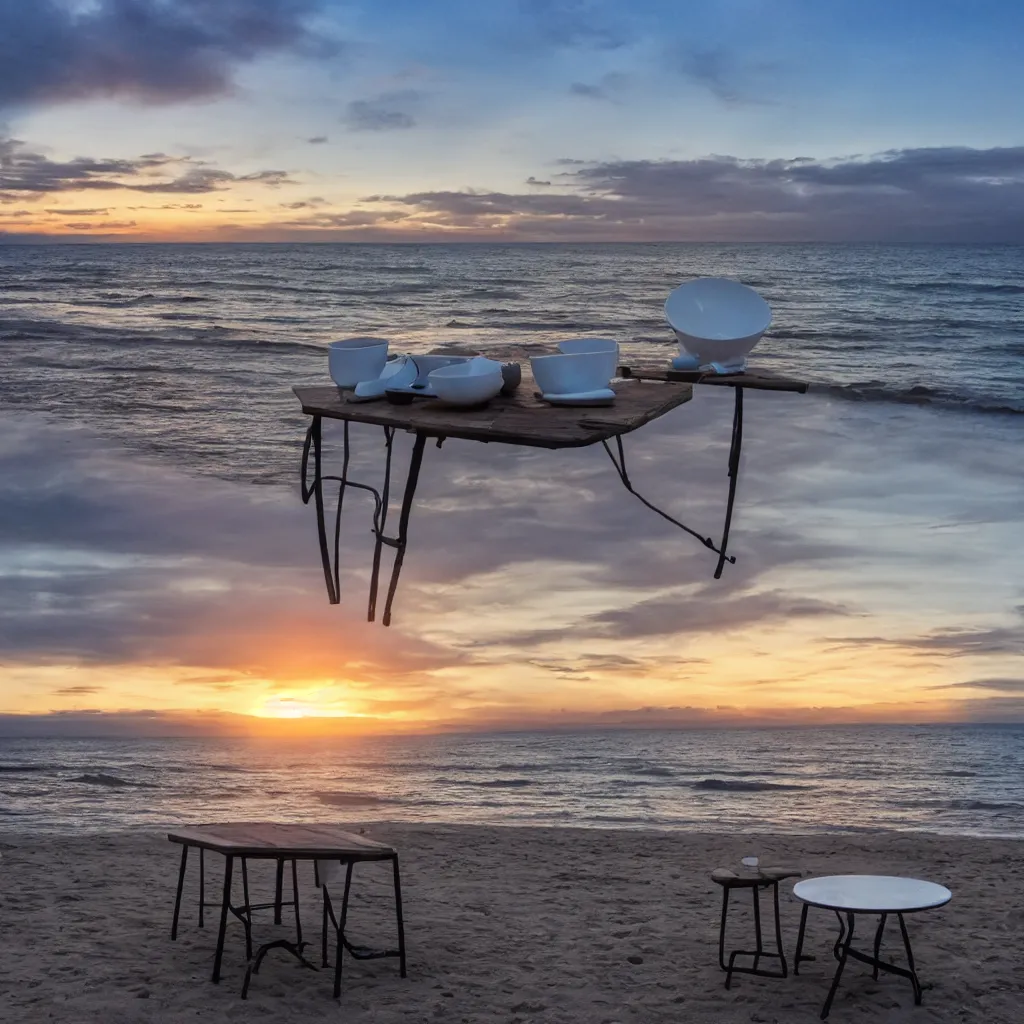 Image similar to professional photo of empty white dish in the middle over a table with a sunset on the beach in the background