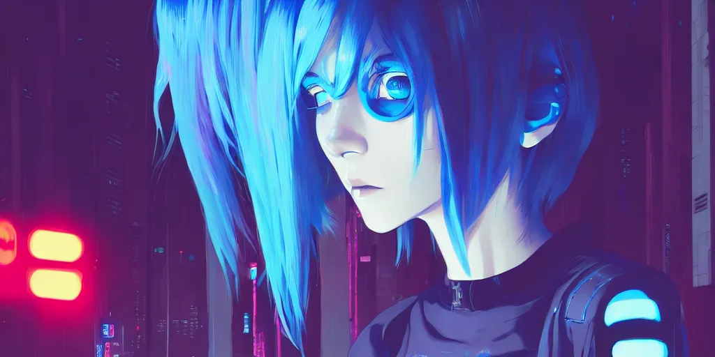 Prompt: digital illustration closeup of cyberpunk pretty girl with blue hair in city street at night by makoto shinkai, ilya kuvshinov, lois van baarle, rossdraws, basquiat