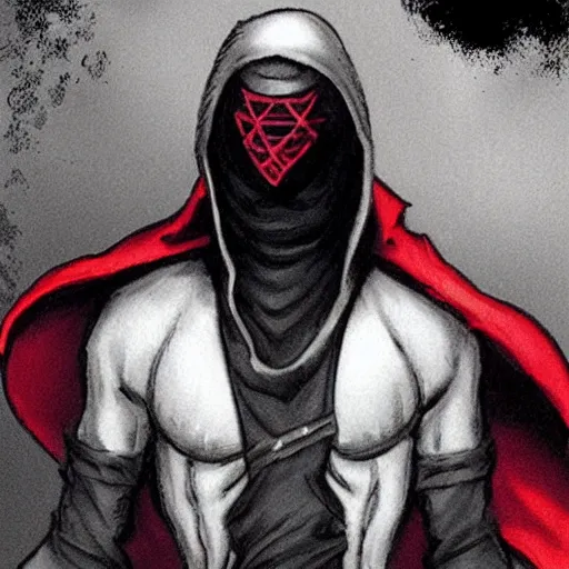 Image similar to male rogue, dungeons and dragons, red eyes, face covered, dark and mysterious.