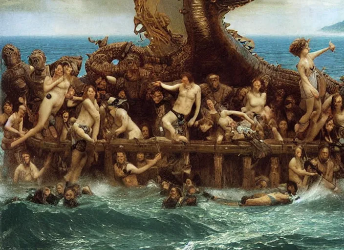 Prompt: the raft of the medusa with godzilla standing in the water, painting by lawrance alma - tadema