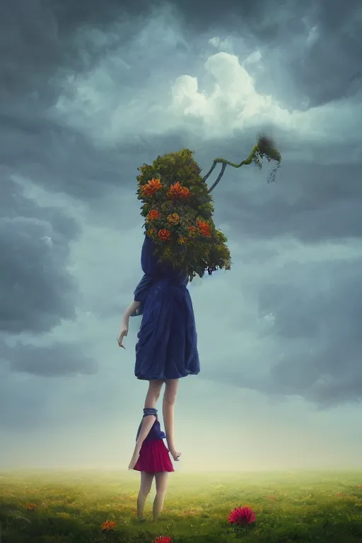 Image similar to closeup girl with giant dahlia flower head, standing on mountain, surreal photography, blue storm clouds, dramatic light, impressionist painting, digital painting, artstation, simon stalenhag