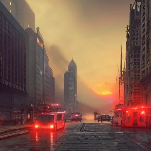Image similar to wide angle, buildings and city on fire at night, with police and firetrucks on street, stormy blue and red sky mystery mist, police car lights, 4 k highly detailed art, concept art, trending on artstation, alphone mucha, artgerm, greg rutkowski, octane render, cinematic lighting, intricate, sharp focus