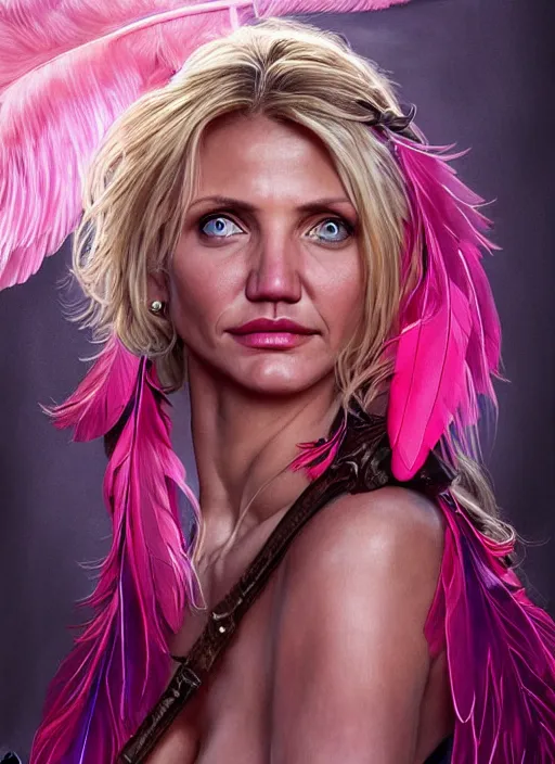 Image similar to serious looking Cameron Diaz as a ruggedly handsome heroine wearing pink feathers and wielding a glowing bow, intricate, elegant, tasteful, highly detailed, centered, digital painting, artstation, concept art, smooth, sharp focus, illustration, art by artgerm and donato giancola and Joseph Christian Leyendecker, WLOP