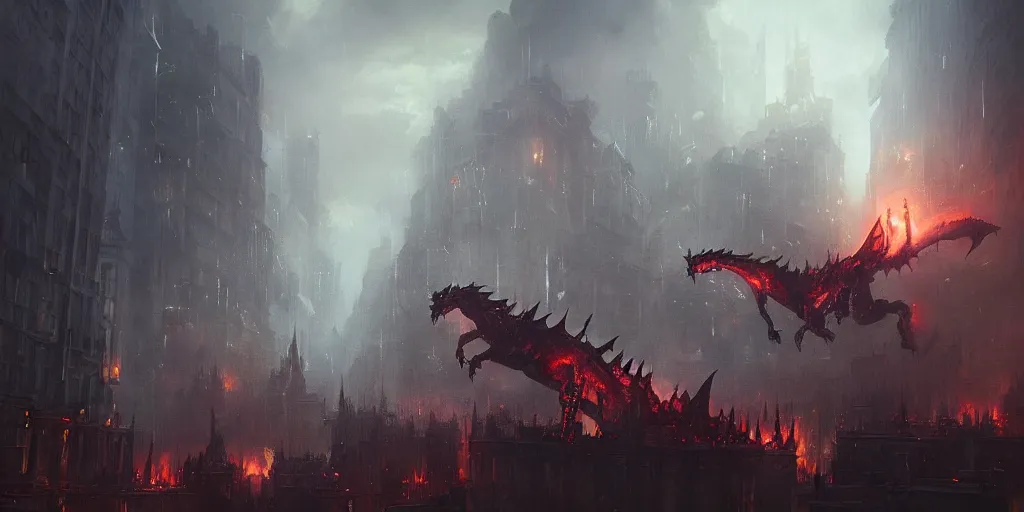 Image similar to an oil painting of dark fantasy dragon attacking a city, volumetric lighting, moody, creepy, by greg rutkowski, trending on artstation