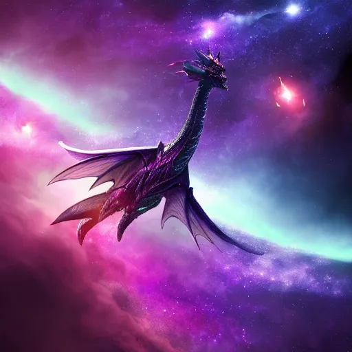 Image similar to a purple star galaxy dragon flying through nebulous space, trending on artstation, digital art, 4k, hyper realism, high detail, cinematic, cinematic lighting, high detail, realistic