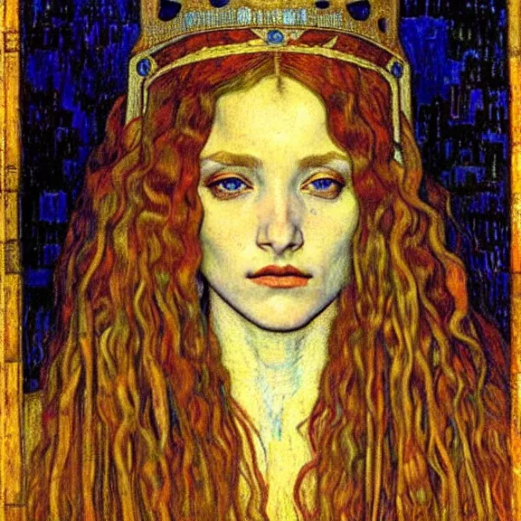 Image similar to detailed realistic beautiful young medieval queen face portrait by jean delville, gustav klimt and vincent van gogh, art nouveau, symbolist, visionary, gothic, pre - raphaelite, muted earthy colors, desaturated