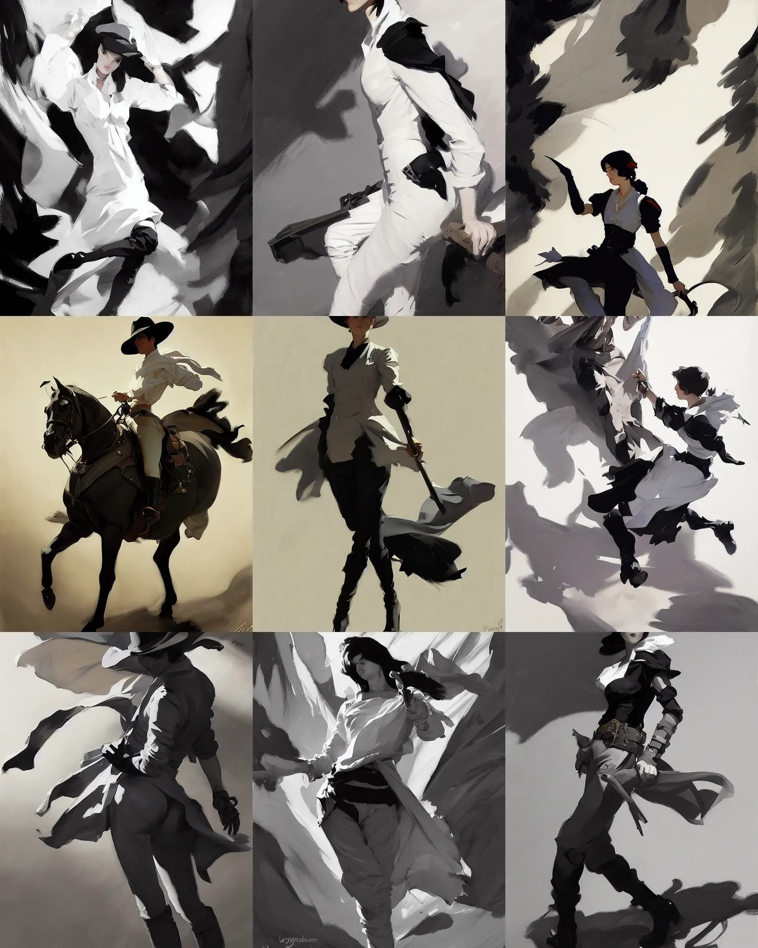 Image similar to black and white cloth fabric jodhpurs greg manchess painting by sargent and leyendecker, studio ghibli, fantasy, medium shot, asymmetrical, intricate, elegant, matte painting, illustration, hearthstone, by greg rutkowski, by greg tocchini, by james gilleard, by joe fenton