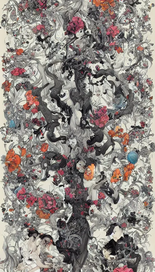 Image similar to life and death mixing together, by james jean