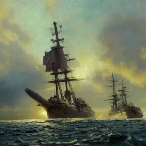 Image similar to detailed cinematic wide shot of swedish sea captain back view seeing his world war 2 battle ship attacking denmark, ultra realistic, spring light, painting by gaston bussiere, craig mullins, j. c. leyendecker