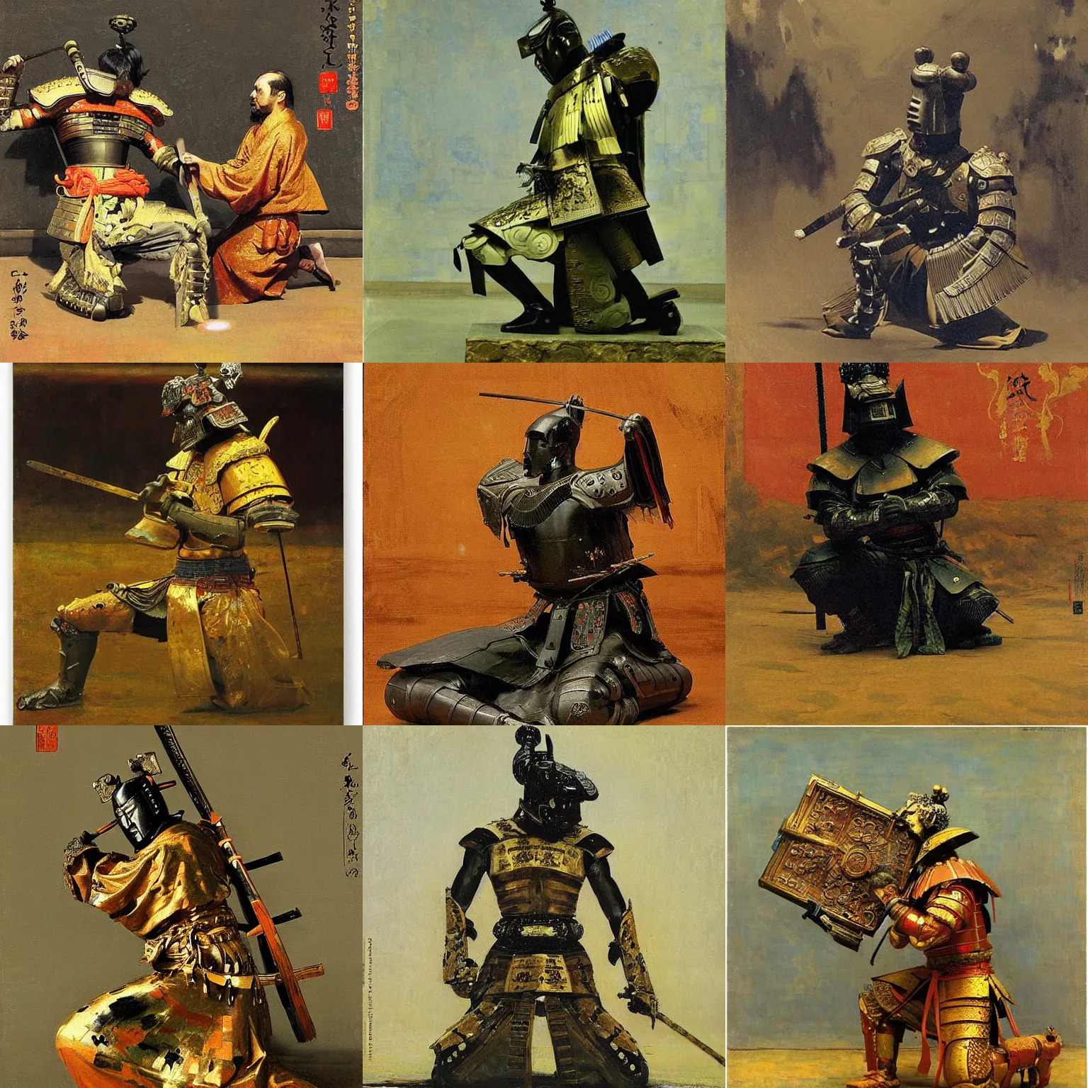 Prompt: depicting still photo of galactic behemoth ancient kneeling samurai by style ilya repin