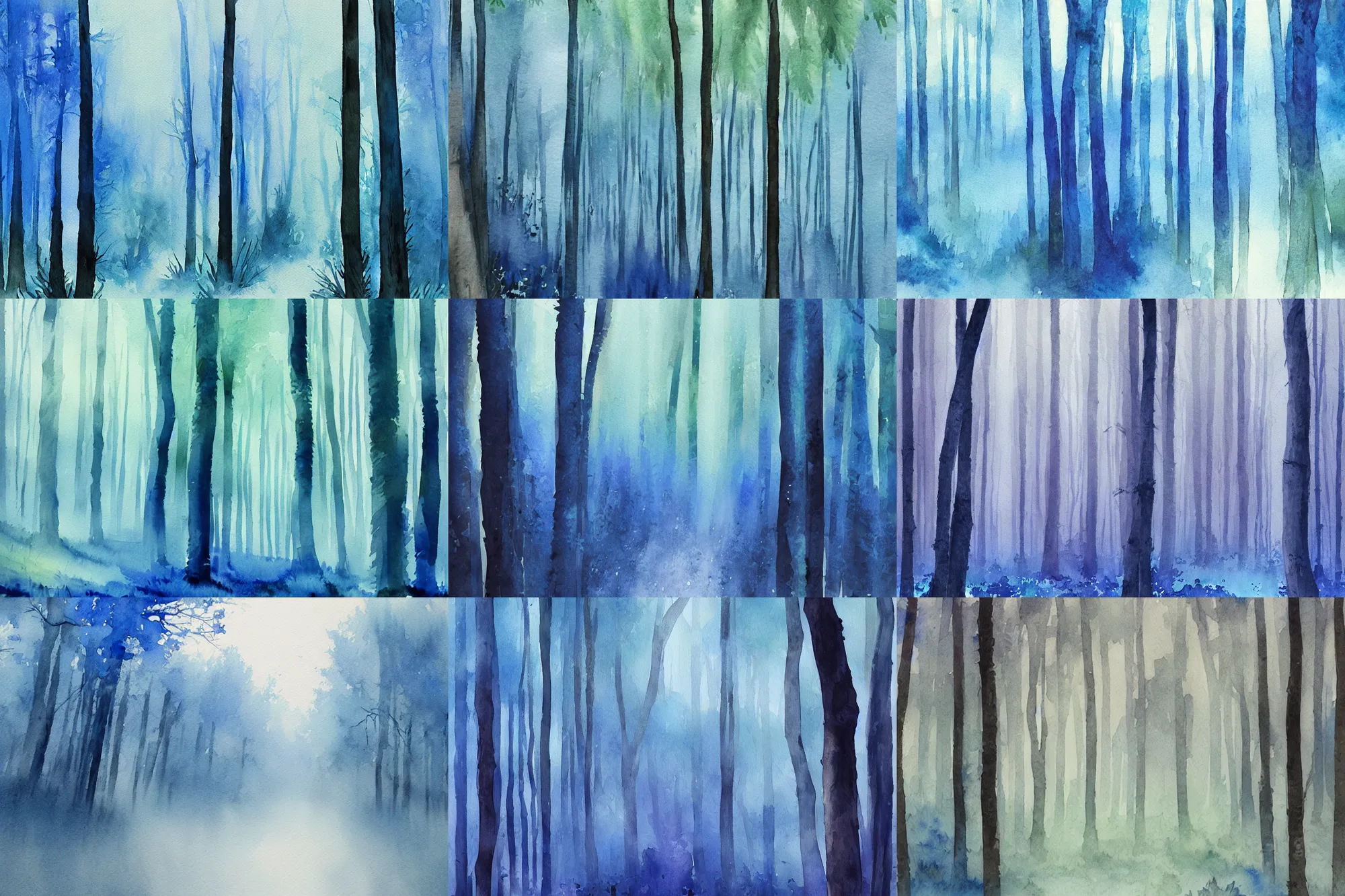 Prompt: Blue forest, high quality watercolors, award winning, trending on ArtStation