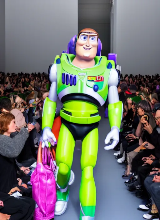 Image similar to hyperrealistic and heavy detailed balenciaga runway show of buzz lightyear, leica sl 2 5 0 mm, vivid color, high quality, high textured, real life