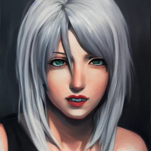 Image similar to portrait of tifa lockhart with silver hair, detailed background, trending on artstartion