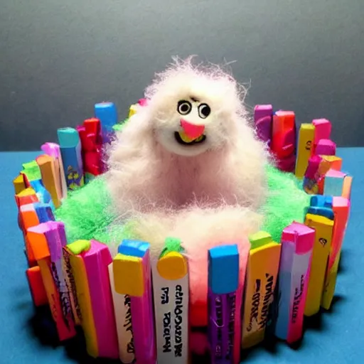 Prompt: cute fluffly monster hiding under the bed, claymation, colourful, children's book style