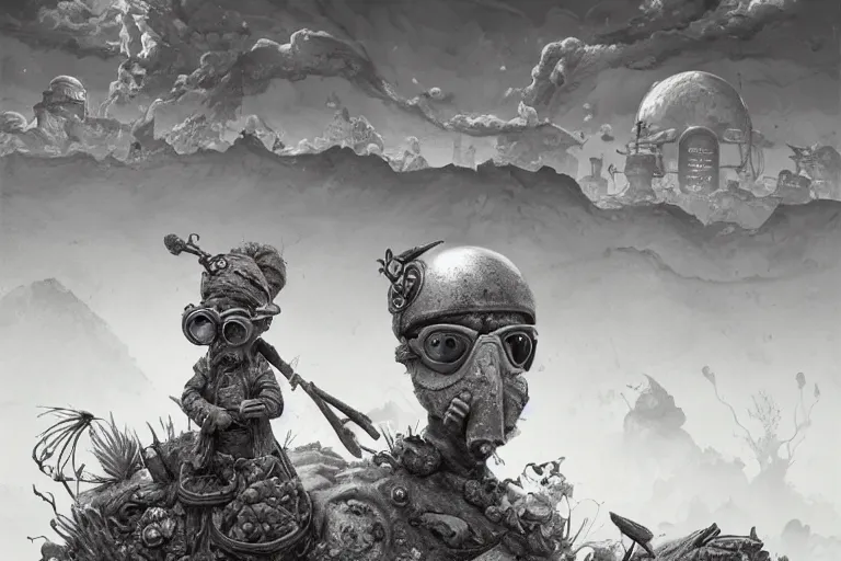 Prompt: a highly detailed forgotten garden gnome wearing goggles and head scarf surviving in a vast barren desert, hopeless wasteland background with a relentless raging sun overhead, post - apocalyptic road warrior vibe, full body, wide angle, an ultrafine detailed painting by joe fenton, trending on deviantart, pop surrealism, whimsical, lowbrow, perfect symmetrical face, sharp focus, octane, masterpiece