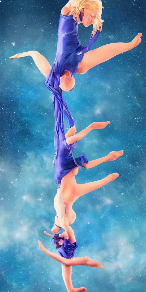 Image similar to painting of a short hair blond girl doing Aerial dance, blue cloth, cosmic, 8k, volumetric light, beautiful anime art style, stylised