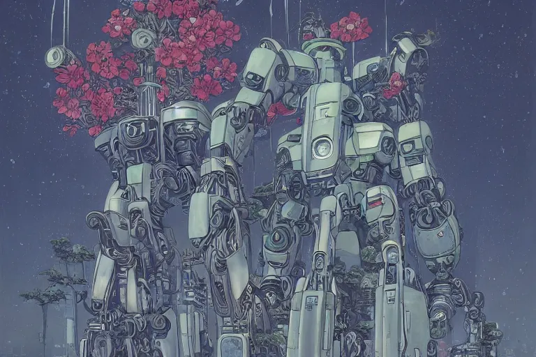 Image similar to most blues, evangelionic illustration, gigantic girl head, a lot of exotic vegetation, trees, tremendous mecha robot, flowers, oldschool vintage sci - fi flat surreal design, super - detailed, oil painting by moebius, hd, 4 k, high quality