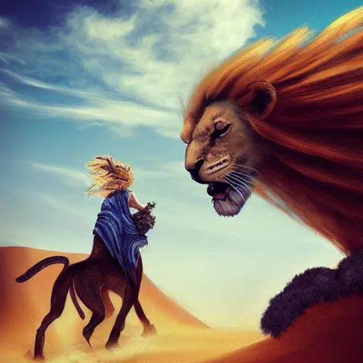 Image similar to girl riding a giant lion in the Sahara, trending on artstation