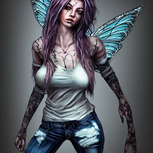 Image similar to full body pose, beautiful adult anarchy fairy, torn shirt, jeans, dirty, grungy, grunge, highly detailed, 4 k, hdr, smooth, sharp focus, high resolution, award - winning photo, artgerm, photorealistic